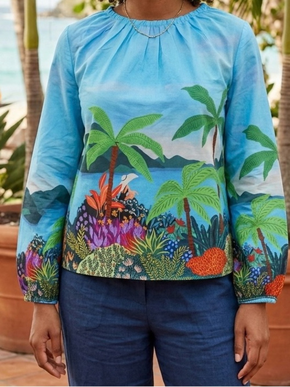 CELINA MOON Long Sleeve Printed Top 100% Cotton sz L NWT